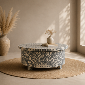 Handmade Modern Resin <b>Coffee</b> <b>Table</b> Round Bone Inlay Geometric Floral Black <b>White</b> Living Room Furniture - Product Image 1