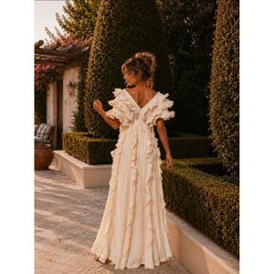 Elegante Vestido Largo de Algodón Estilo Bohemio con Cuello en V, Mangas con Volantes en Forma de Pétalo, Corte en A y Cintura Imperio para Mujer - Product Image 2