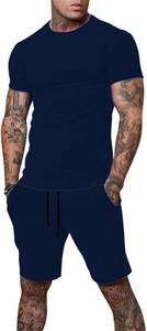 Conjunto de 2 piezas para hombre, conjunto de verano, chándal informal, camisa y pantalones cortos, azul marino - Product Image 4