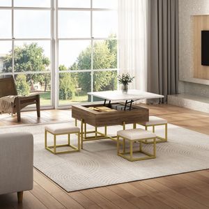Set moderno tavolo da caffè con ascensore quadrato con contenitore e 4 pouf bianco e noce per soggiorno - Product Image 4