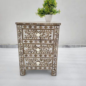 Mesa auxiliar de madera de gran venta con incrustaciones de nácar y diseño floral, mesita de noche para dormitorio de casa u hotel, artesanía en resina - Product Image 1