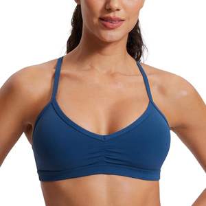Women Black Seamless Sports Bra V-neck Spaghetti Strap <b>Ruched</b> Breathable Activewear Yoga Top Solid Color Front Logo 1-Piece - Product Image 2