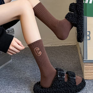 Crew <b>Socks</b> With Letter C Logo In Black Brown Beige White Cotton Knitted <b>Breathable</b> For Daily Casual Wear Autumn Season - Product Image 2