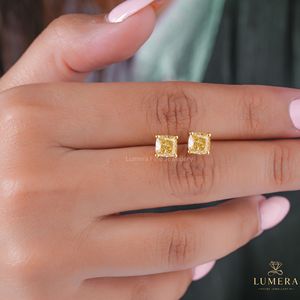 Fancy Yellow Cushion Cut Lab Grown Diamond Stud <b>Earrings</b> Prong Setting Solitaire IGI Certified Gold Delicate Party <b>Earrings</b> - Product Image 4