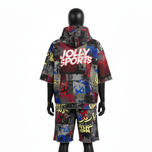 ชุดฮู้ดดี้และกางเกงขาสั้นผู้ชาย ผ้าโพลีเอสเตอร์อินเตอร์ล็อคเจอร์ซีย์ 200 GSM ลายกราฟิกหลากสี สตรีทแวร์ โลโก้สั่งทำได้ - Product Image 3