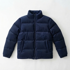 Chaqueta acolchada de pana azul marino para hombre, cuello alto, cierre de cremallera, cortavientos, informal de invierno, gruesa, con relleno de poliéster, corte regular - Product Image 1