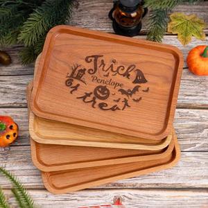 Personalized Halloween Wooden Tray Trick Or Treat Engraved Rectangle Serving <b>Platter</b> With Name And Pumpkin Design custom boo - Product Image 1