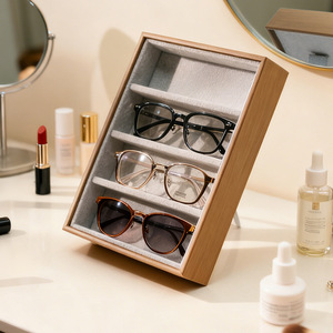 New 4-Slot Vertical Wood Grain Leather Glossy White Black Wood <b>Sunglasses</b> & Glasses Display Stand - Product Image 2