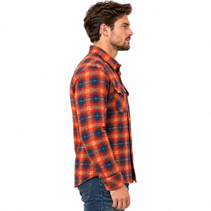 Camisa de franela a cuadros naranja para hombre, manga larga, con botones, informal, con bolsillos en el pecho - Product Image 4