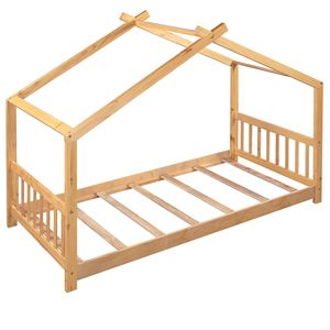 Letto a piattaforma matrimoniale naturale con testiera e pediera, letti per bambini con design unico a tetto - Product Image 4