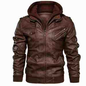 Factory Wholesale Fashion <b>Men</b> Racer Motorcycle PU Leather <b>Jackets</b> Plus Size Hooded Coat Brown Black <b>Warm</b> <b>Jacket</b> - Product Image 1