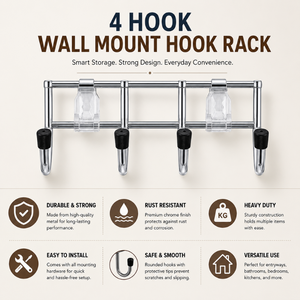 Perchero de pared de acero inoxidable con 4 ganchos, resistente, antirust, organizador de toallas, batas, ropa y bolsos para baño - Product Image 5