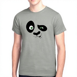 Men's Gray Cartoon <b>Panda</b> Face Printed Short Sleeve <b>T</b>-<b>Shirt</b> O-Neck Casual Regular Fit 100% Cotton Jersey Fabric - Product Image 1