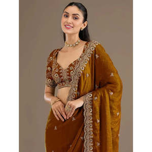 Wedding Apparel Classic <b>Golden</b> Zari Embroidered Silk Reception <b>Saree</b> with Blouse - Product Image 4