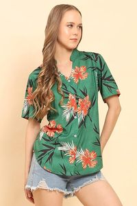 Camiseta informal con estampado tropical y cuello en V para mujer, camisa de manga corta con botones, top de playa suave y ligero - Product Image 2