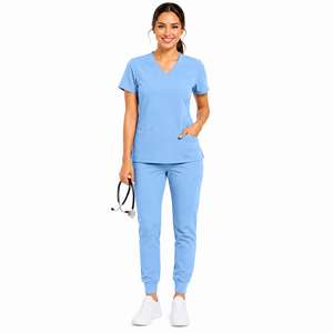 Women Scrub <b>Set</b> V Neck Short Sleeve Top Cuffed Jogger Pants Solid Color Medical Uniform Hospital Wear Blue - Product Image 1