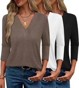 T-shirt à manches trois quarts pour femme, col en V, en coton, coupe décontractée - Product Image 1