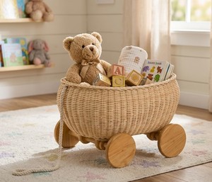 Handwoven Rattan Toy Storage Cart with Wooden Wheels, Wicker <b>Pull</b> Wagon Basket for Kids Toys, Nursery Organizer & Baby Room - Product Image 5
