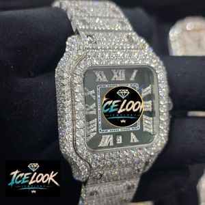 Montre de luxe Ice Look en acier inoxydable à quartz, cadran carré, chiffres romains, lunette en cristal, affichage de la date verte, étanche, 20 mm, tendance - Product Image 3