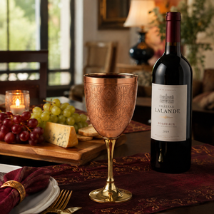 Gobelet à vin en cuivre gravé motif paon avec tige dorée – Verre à vin en métal orné pour mariage, dîner, bar et cadeaux - Product Image 3