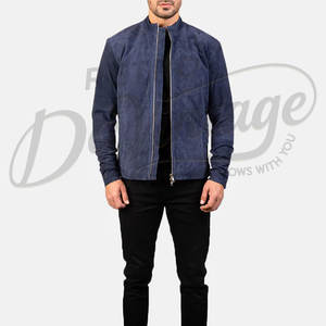 Chaqueta de cuero de ante azul marino para hombre, corte ajustado, piel de oveja auténtica, abrigo informal de moto para otoño e invierno, con cuello de banda y cremallera. - Product Image 4