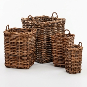 new modern minimalist wholesale set of four natural rattan woven storage <b>baskets</b> rustic <b>wicker</b> organizer bins with <b>handles</b> items - Product Image 1