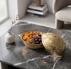 Wholesale Gold Finish Embossed Leaf Motif Bowl Shaped Metal Date And Dry Fruit Storage Container - Product Image 4