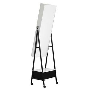 Armadietto a Specchio LED Bianco con Base in Legno, Specchio Intero e 1 Grande Cassetto, 4 Ruote, Luci LED Bianche per Conservazione Gioielli - Product Image 5