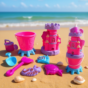 Set di sabbia rosa a forma di castello, 7 pezzi, con secchio, paletta e stampi per il gioco dei bambini, 15x45x17 cm - Product Image 3