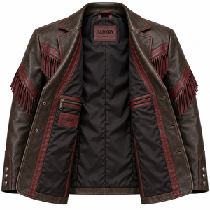 Chaqueta de Cuero Genuino Personalizada para Hombre, Estilo Western con Flecos, Piel de Vaca Auténtica, Color Marrón Oscuro Rojizo Vintage, Fabricante OEM ODM, Exportador Mayorista - Product Image 5