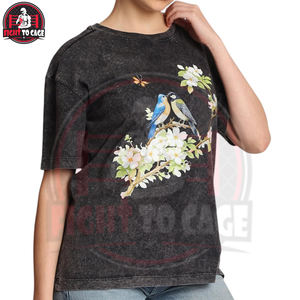 Nueva Llegada Camiseta de Algodón 100% de Alta Calidad con Lavado Ácido y Estampado Floral de Aves, de Manga Corta y Tejido Pesado para Mujer - Product Image 4