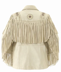 Trendy Wholesale <b>Men's</b> Cream <b>Suede</b> Fringe Western Cowboy <b>Jacket</b> Native Beaded Ranch Wear Custom Logo Available - Product Image 2