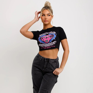 Women's Crop Top Black Short Sleeve <b>Y2K</b> Print Crew Neck 100% Cotton Jersey Loose Fit Breathable Spring Summer Casual T-<b>Shirt</b> - Product Image 2
