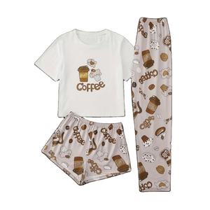 Conjunto de 3 Piezas de Salón para Mujer, Estampado Personalizado, Tallas Grandes, Cintura Elástica, Tejido, Verano, Otoño, Primavera, Nueva Colección, Manga Corta - Product Image 1