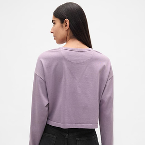 Top Corto de Mujer, Cuello Redondo, Color Lila, Manga Corta, Tejido de Punto, Corte Holgado, Color Sólido, Transpirable, Bordado, 100% Algodón, Estilo Minimalista - Product Image 4