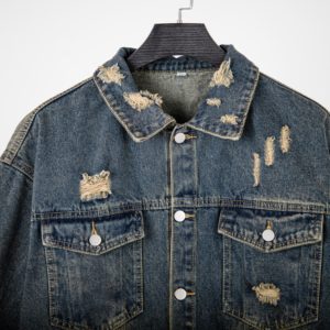 OEM Custom Men's Street Style Denim <b>Jacket</b> Vintage Distressed Shredded Acid Wash Jean Coat with Button Stone Washed for Men - Product Image 4