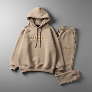 Ensemble survêtement kaki oversize en coton 100% avec logo brodé, sweat-shirt et pantalon de jogging personnalisés style streetwear - Product Image 3