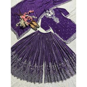 Conjunto de Top, Pantalones Plazzo y Dupatta Morado de Moda Maruti para Mujer, Talla L, Hermoso para Fiestas, con Bordado - Product Image 4