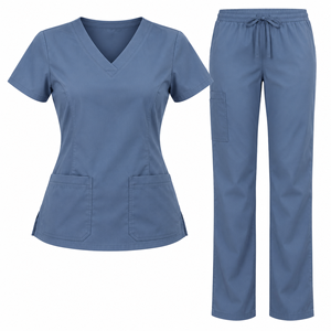 Conjunto de Uniforme Médico Azul Cobalto para Mujer, Blusa con Cuello en V y Manga Corta con Bolsillos, Pantalones Rectos con Cordón, Uniforme de Enfermería para Uso Diario - Product Image 2