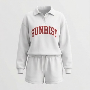 Conjunto de 2 Piezas para Mujer con Estampado de Letras Sunrise, Sudadera de Felpa y Pantalones Cortos, Corte Holgado Informal, Cuello Camisero, Color Blanco, para Primavera/Verano - Product Image 1