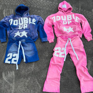 Ensemble survêtement streetwear personnalisé en molleton de coton vintage, comprenant un sweat à capuche décontracté uni délavé à l'acide et un pantalon de survêtement évasé, avec logo personnalisé et marque privée - Product Image 1