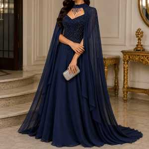 Vestido de Noche Largo Azul con Cuentas, Cuello Alto y Corte Sirena, con Mangas Cortas para Mujer - Eventos Formales, Bodas, Graduaciones, Galas - Product Image 4