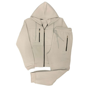 Unisex White Hooded Tracksuit <b>Set</b> Full Sleeve Zipper Closure Solid Color Breathable Cotton Casual Autumn Wear - Product Image 4