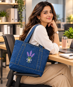 Bolso Tote de Mezclilla con Bordado de Lavanda, Forro de Lona, Abertura Superior, para Playa, Viajes y Compras Diarias - Product Image 4