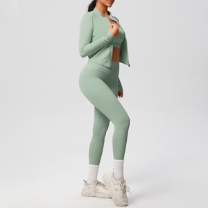 Ensemble de yoga 3 pièces côtelé sans couture pour femme, personnalisé OEM, vêtements de sport, leggings taille haute, soutien-gorge de sport, veste zippée - Product Image 3