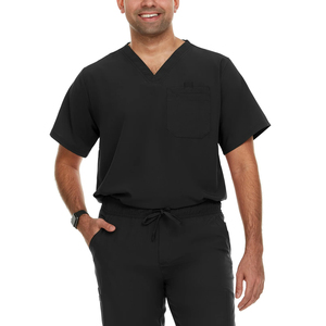 Men Black Scrub Set Cotton Polyester Knitted V-Neck <b>Top</b> With Pocket Drawstring Pants Hospital Uniforms - Product Image 4