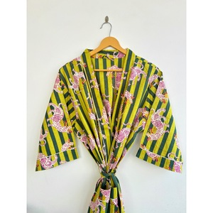 Printed <b>Animal</b> <b>Pattern</b> Breathable 100% Cotton Kimono Robe with Belt Long Sleeve Maxi Length Loose Fit Striped Design Cover-Up - Product Image 4