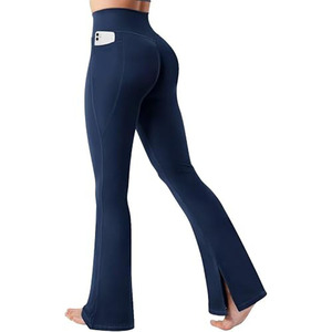 <b>Women's</b> <b>Flare</b> <b>Leggings</b> High Waisted Yoga Pants with Phone Pocket Slit Hem Fitness Wear - Product Image 1
