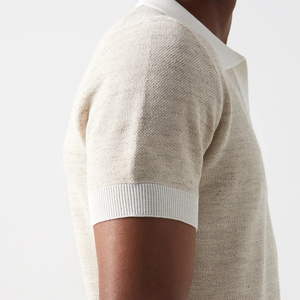 Polo en coton tricoté pour homme, manches courtes, couleur unie, respirant, style décontracté, rose clair avec bordure blanche - Product Image 4