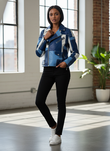 Hot sale Pu Leather <b>Jacket</b> for <b>Biker</b> Blue and White Patchwork Leather <b>Biker</b> <b>Jacket</b> - Handcrafted Men's Racing Style - Product Image 5